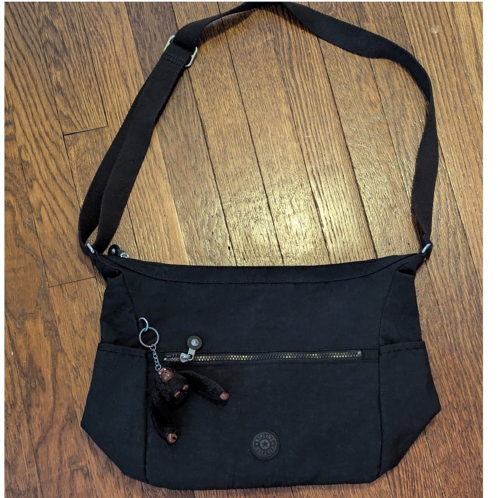 Kipling Crossbody Bag Black Nylon Monkey Keychain Adjustable Strap Womens Medium